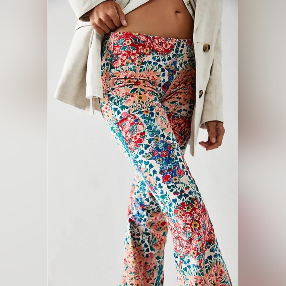 Free People Coral & Blue Floral Bootcut Flare Pants - Picture 2 of 7